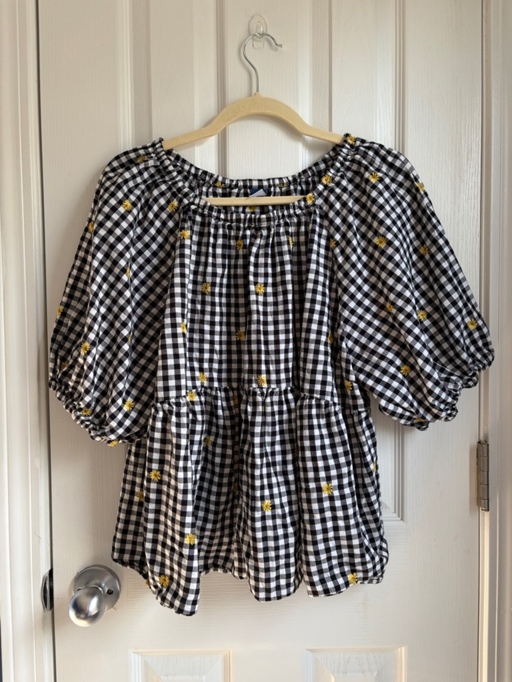 Old Navy Gingham Daisy Patterned Puff-Sleeve Swing Babydoll Boho Top Size XL